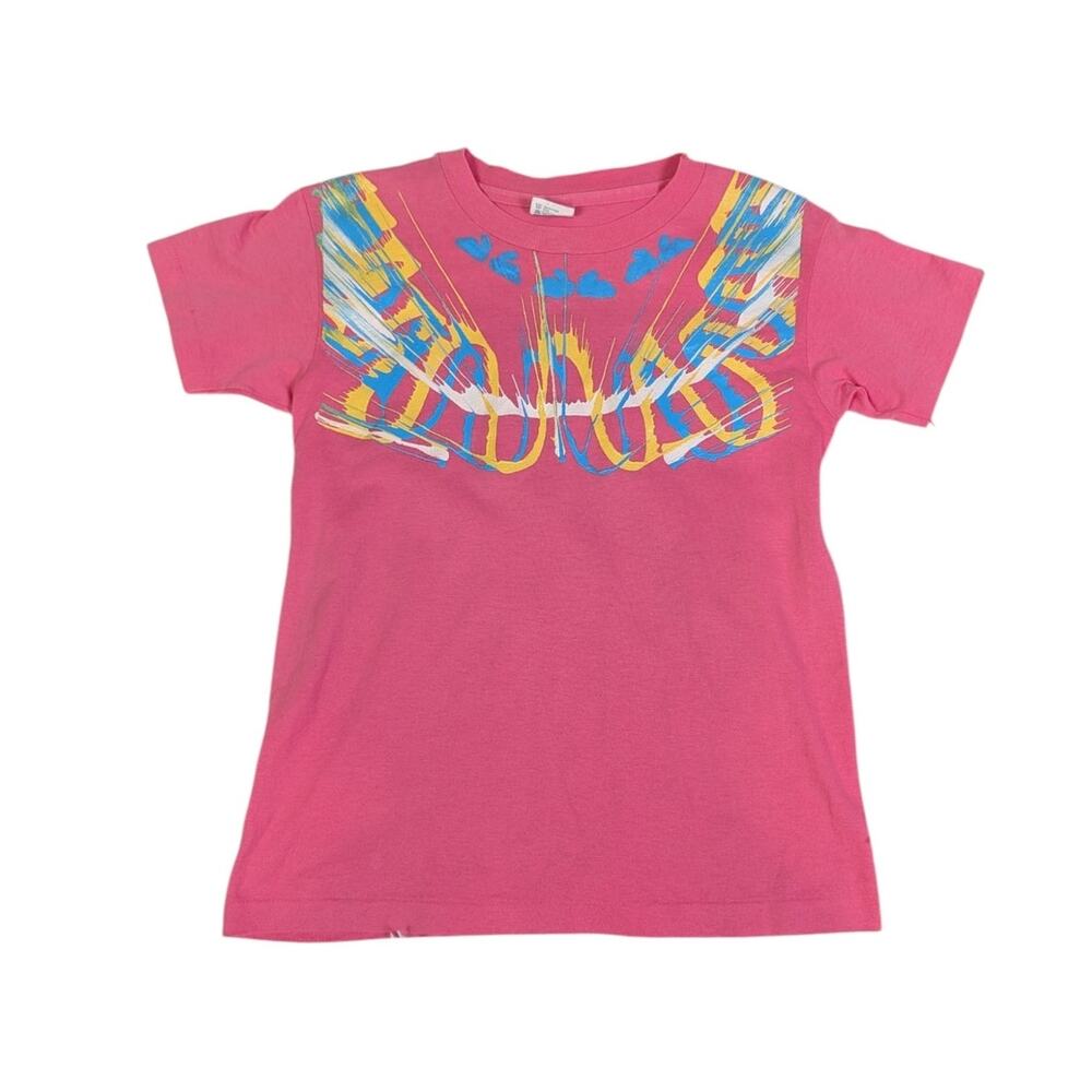Vintage 80s Hanes Neon Paint Splash Graphic T Shirt Pink USA Single Stitch S
